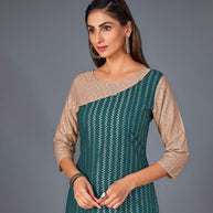 Laxmipati Cotton  Base Deep Bluish Green With Beidge Straight Cut Kurti With Mask