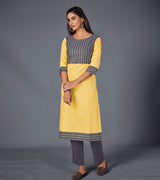 Laxmipati Cotton  Base Lemon Yellow With Grey Straight Cut Kurti With Mask