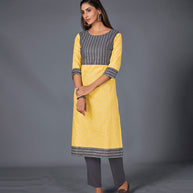 Laxmipati Cotton  Base Lemon Yellow With Grey Straight Cut Kurti With Mask