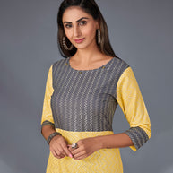Laxmipati Cotton  Base Lemon Yellow With Grey Straight Cut Kurti With Mask