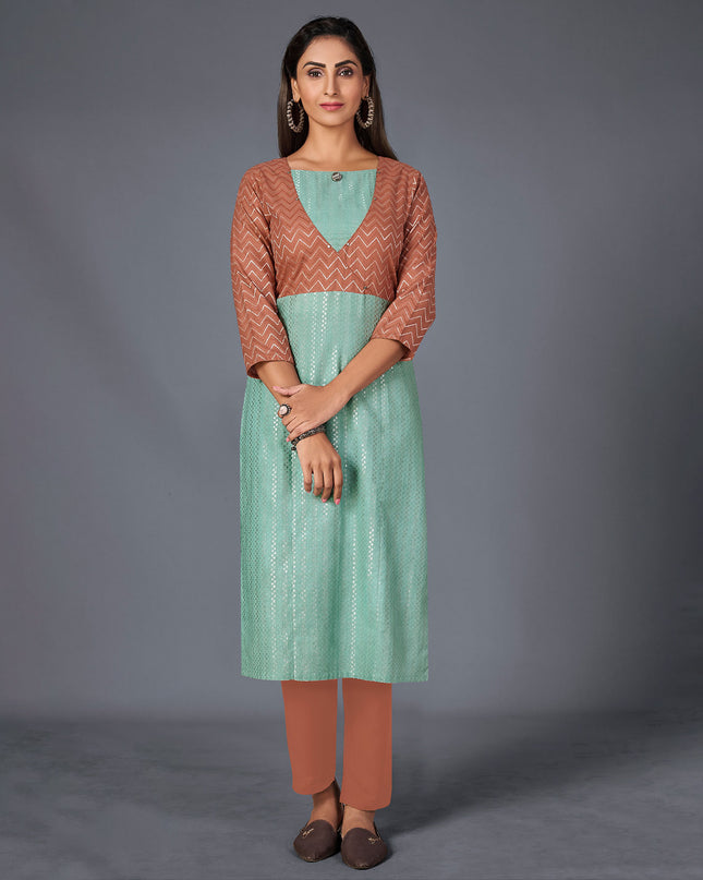 Laxmipati Cotton  Base Light Turquoise Green With Brown Straight Cut Kurti With Mask