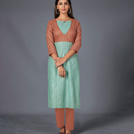 Laxmipati Cotton  Base Light Turquoise Green With Brown Straight Cut Kurti With Mask