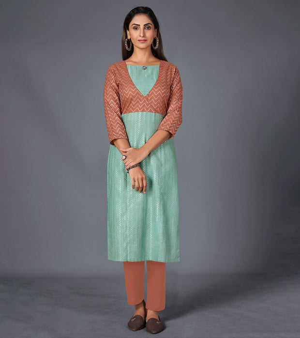 Laxmipati Cotton  Base Light Turquoise Green With Brown Straight Cut Kurti With Mask