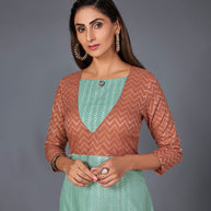Laxmipati Cotton  Base Light Turquoise Green With Brown Straight Cut Kurti With Mask