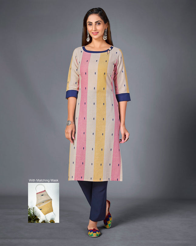 Laxmipati Pure Cotton Off White With Candy Colour Straight Cut Kurti With Mask