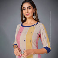 Laxmipati Pure Cotton Off White With Candy Colour Straight Cut Kurti With Mask