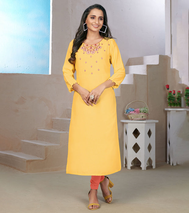 Laxmipati Rayon Bumble Bee Yellow Straight Cut Kurti