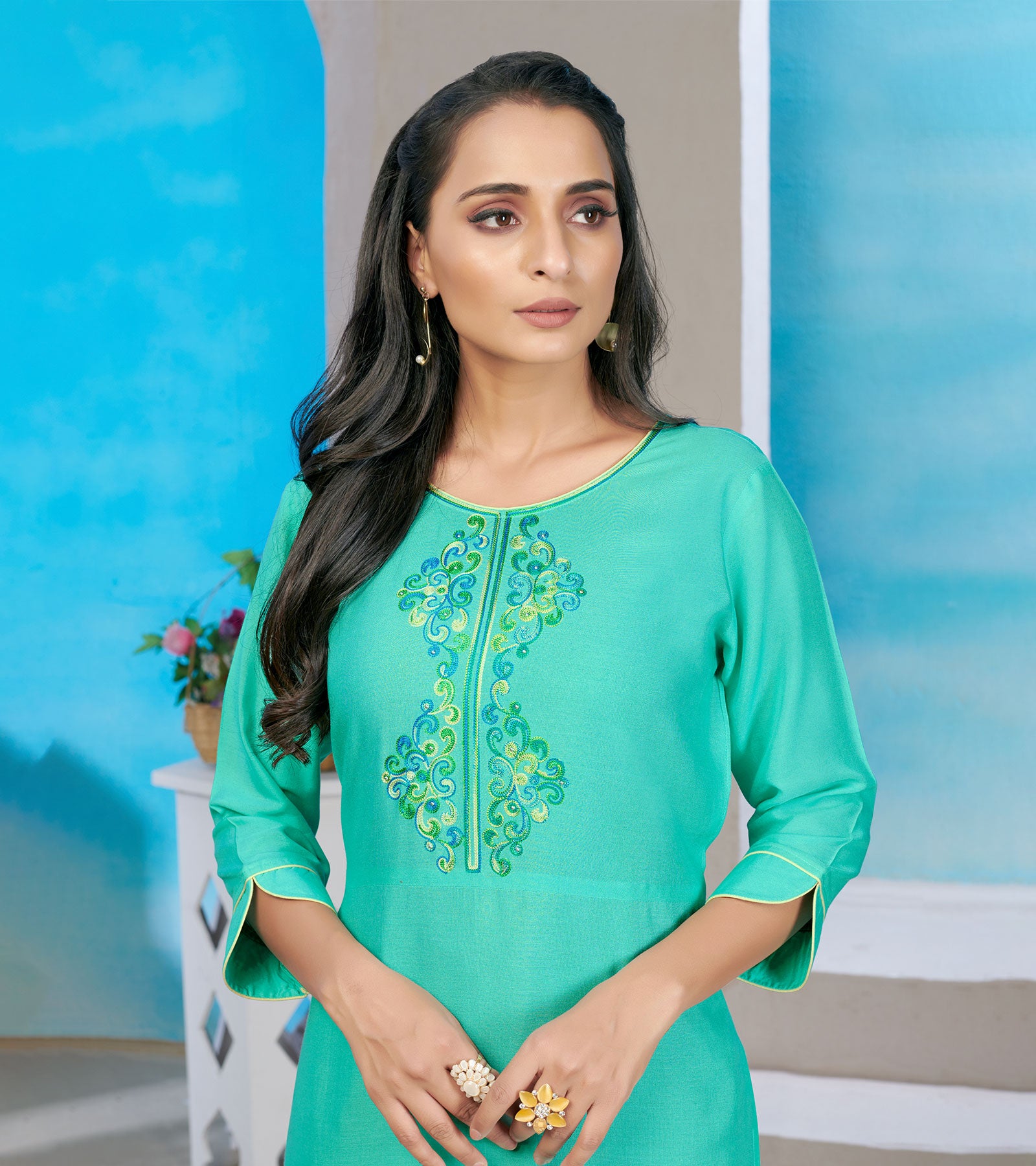 Laxmipati Rayon Cyan Blue Straight Cut Kurti