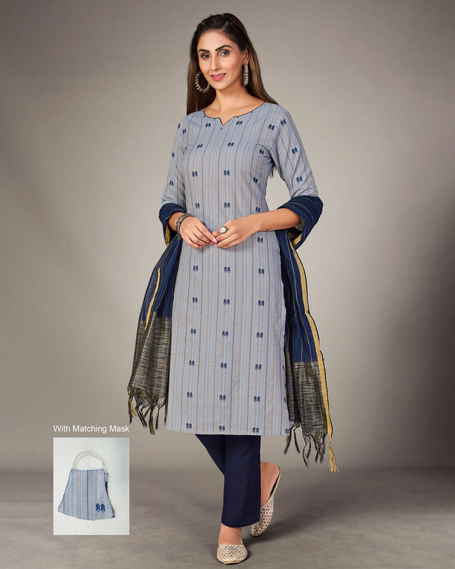 Laxmipati Pure Cotton Pearl Blue Contract Dobby Designs With Duppata & Pant