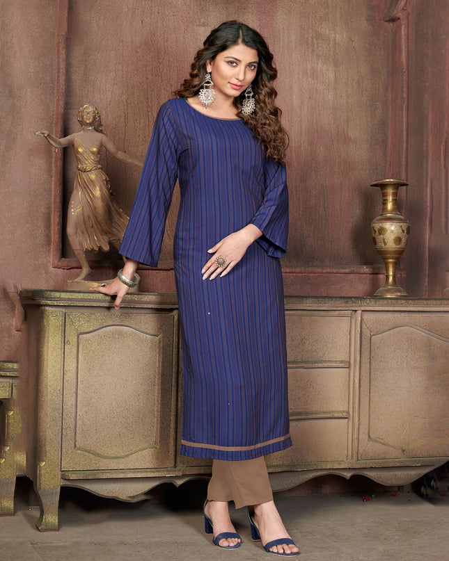 Laxmipati Visco Cotton, Sustainable Eco Friendly   Navy Blue With Mud Brown  Straight Cut Kurti With Mask