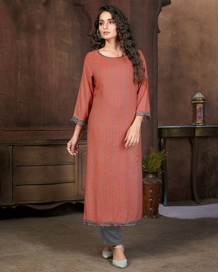 Laxmipati Visco Cotton, Sustainable Eco Friendly   Rust With Grey Straight Cut Kurti With Mask