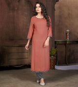 Laxmipati Visco Cotton, Sustainable Eco Friendly   Rust With Grey Straight Cut Kurti With Mask