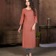 Laxmipati Visco Cotton, Sustainable Eco Friendly   Rust With Grey Straight Cut Kurti With Mask