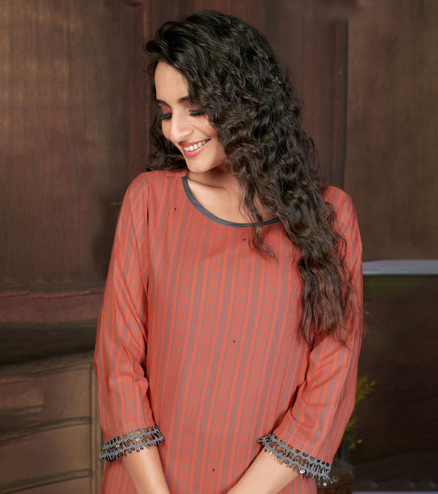 Laxmipati Visco Cotton, Sustainable Eco Friendly   Rust With Grey Straight Cut Kurti With Mask