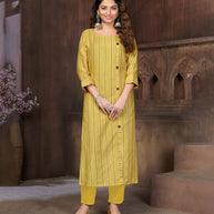 Laxmipati Visco Cotton, Sustainable Eco Friendly   Luminating Yellow With Grey Straight Cut Kurti With Mask