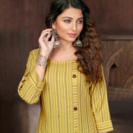 Laxmipati Visco Cotton, Sustainable Eco Friendly   Luminating Yellow With Grey Straight Cut Kurti With Mask