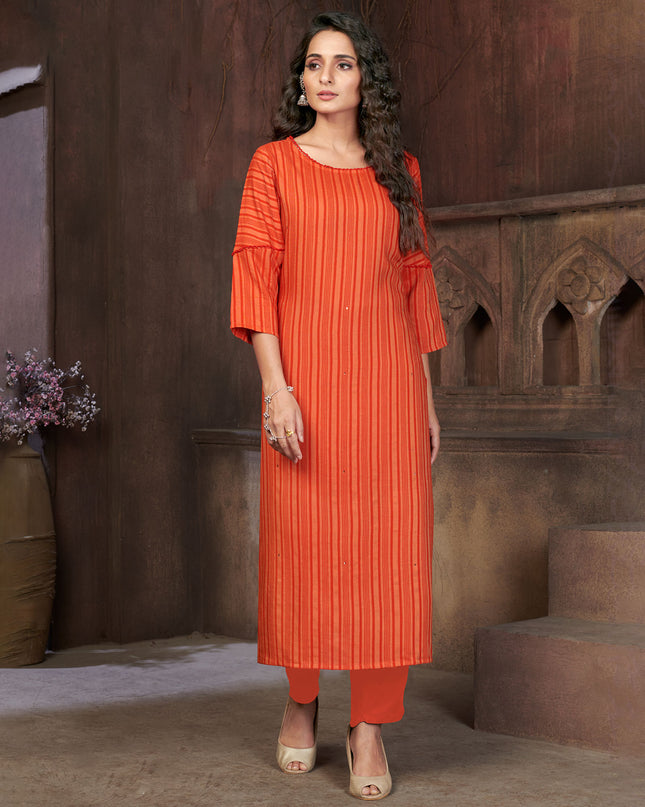 Laxmipati Visco Cotton, Sustainable Eco Friendly   Red With Subdued Orange Straight Cut Kurti With Mask