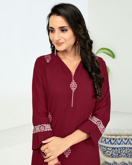 Maroon Straight Cut Embroidered Pant Suit
