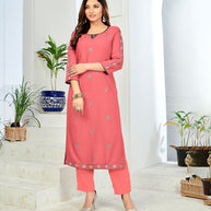 Laxmipati Rayon Coral Peach Straight Cut Kurti With Pant