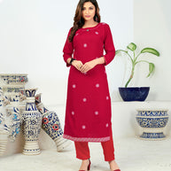 Laxmipati Rayon Apple Red Straight Cut Kurti With Pant