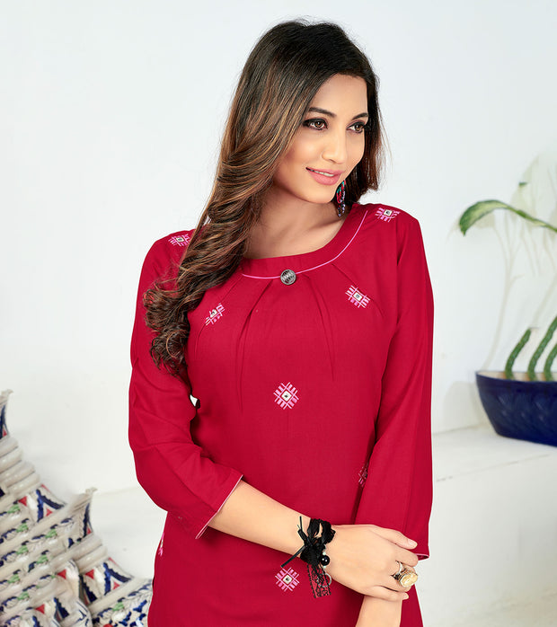 Laxmipati Rayon Apple Red Straight Cut Kurti With Pant