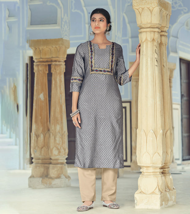 Laxmipati Nylon Viscose Dobby Steel Grey Straight Cut Kurti