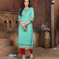 Laxmipati Chanderi Cotton Blue Pistachio Straight Cut Kurti With Mask