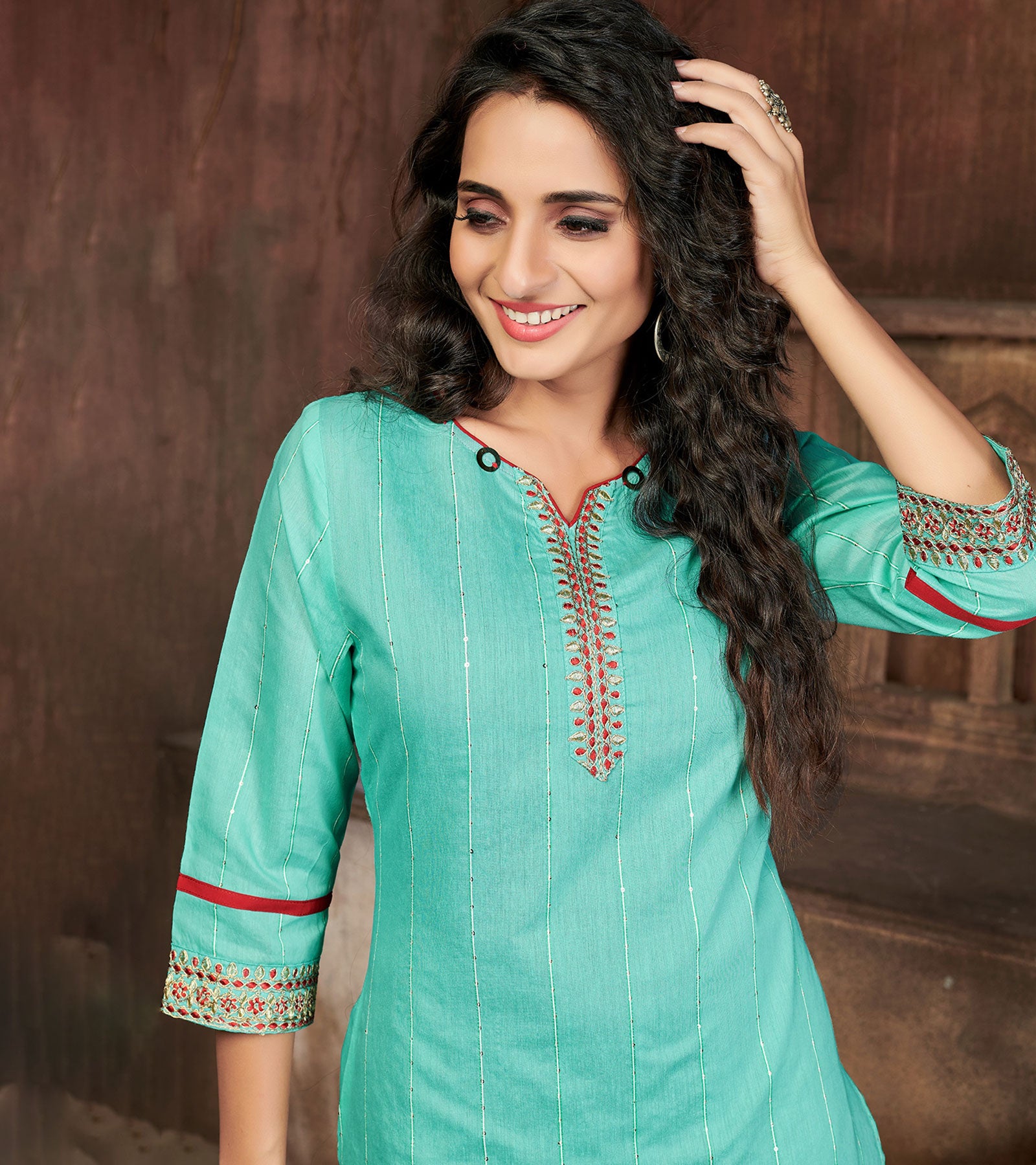 Laxmipati Chanderi Cotton Blue Pistachio Straight Cut Kurti With Mask