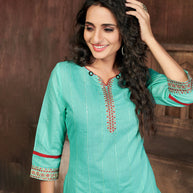 Laxmipati Chanderi Cotton Blue Pistachio Straight Cut Kurti With Mask