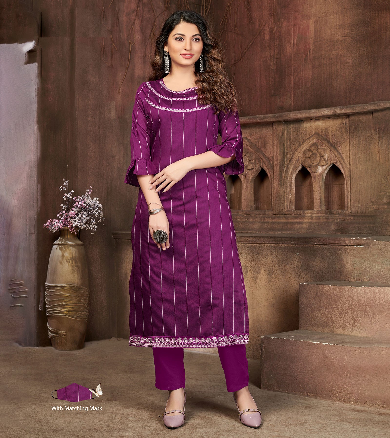 Women's Rayon A-line Purple Color Kurti With Pant set