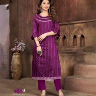 Laxmipati Chanderi Cotton Whipped Violate Straight Cut Kurti With Mask