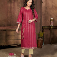Laxmipati Chanderi Cotton Rapunzal Red Straight Cut Kurti With Mask
