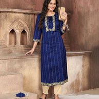 Laxmipati Chanderi Cotton Royal Blue Straight Cut Kurti With Mask