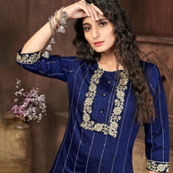 Laxmipati Chanderi Cotton Royal Blue Straight Cut Kurti With Mask