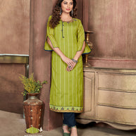 Laxmipati Chanderi Cotton Lime Green Straight Cut Kurti With Mask