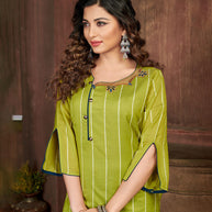 Laxmipati Chanderi Cotton Lime Green Straight Cut Kurti With Mask