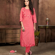 Laxmipati Chanderi Cotton Fresh Peach Straight Cut Kurti With Mask