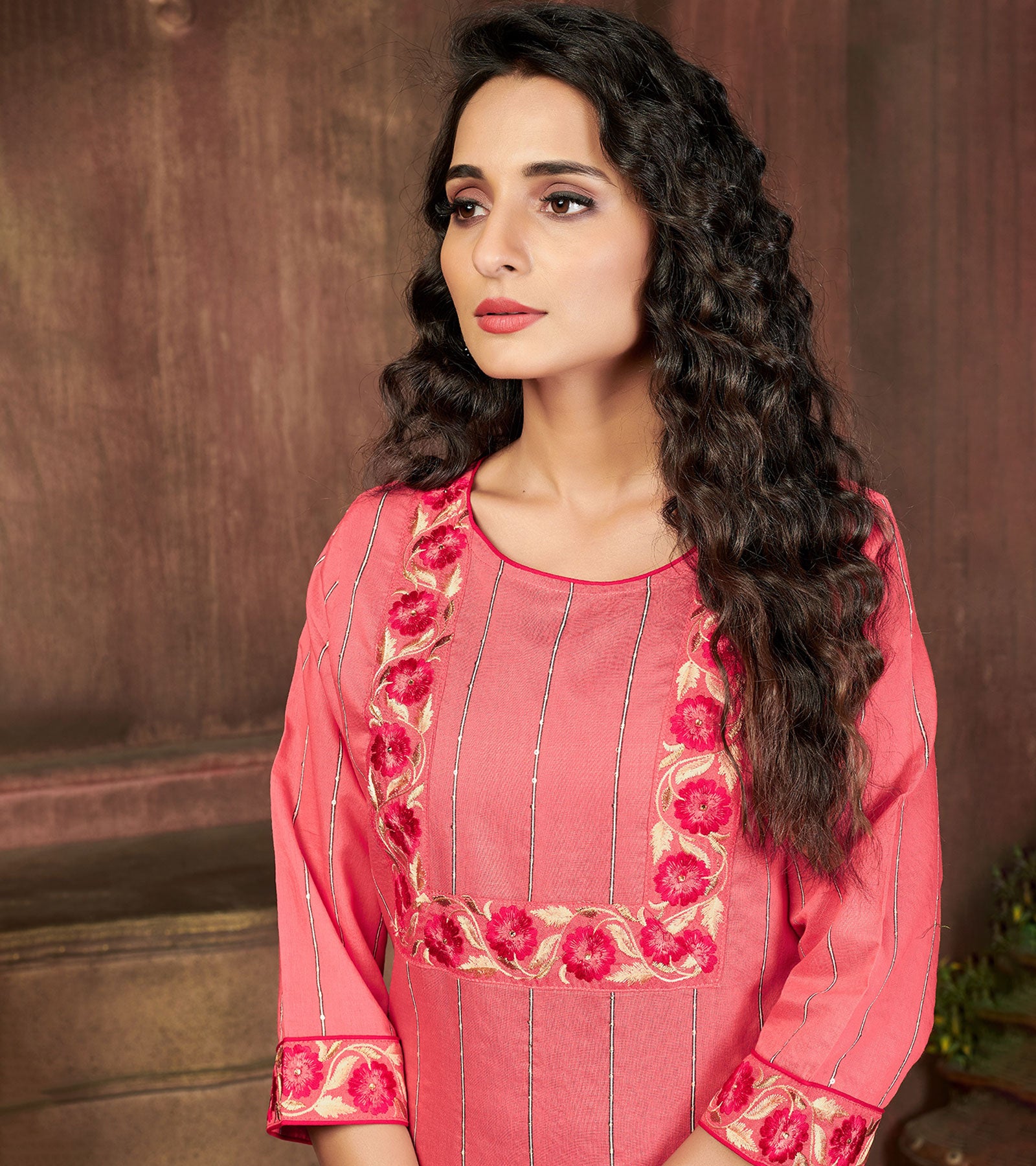 Laxmipati Chanderi Cotton Fresh Peach Straight Cut Kurti With Mask