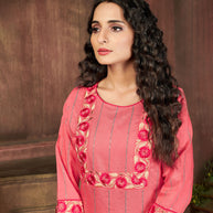 Laxmipati Chanderi Cotton Fresh Peach Straight Cut Kurti With Mask