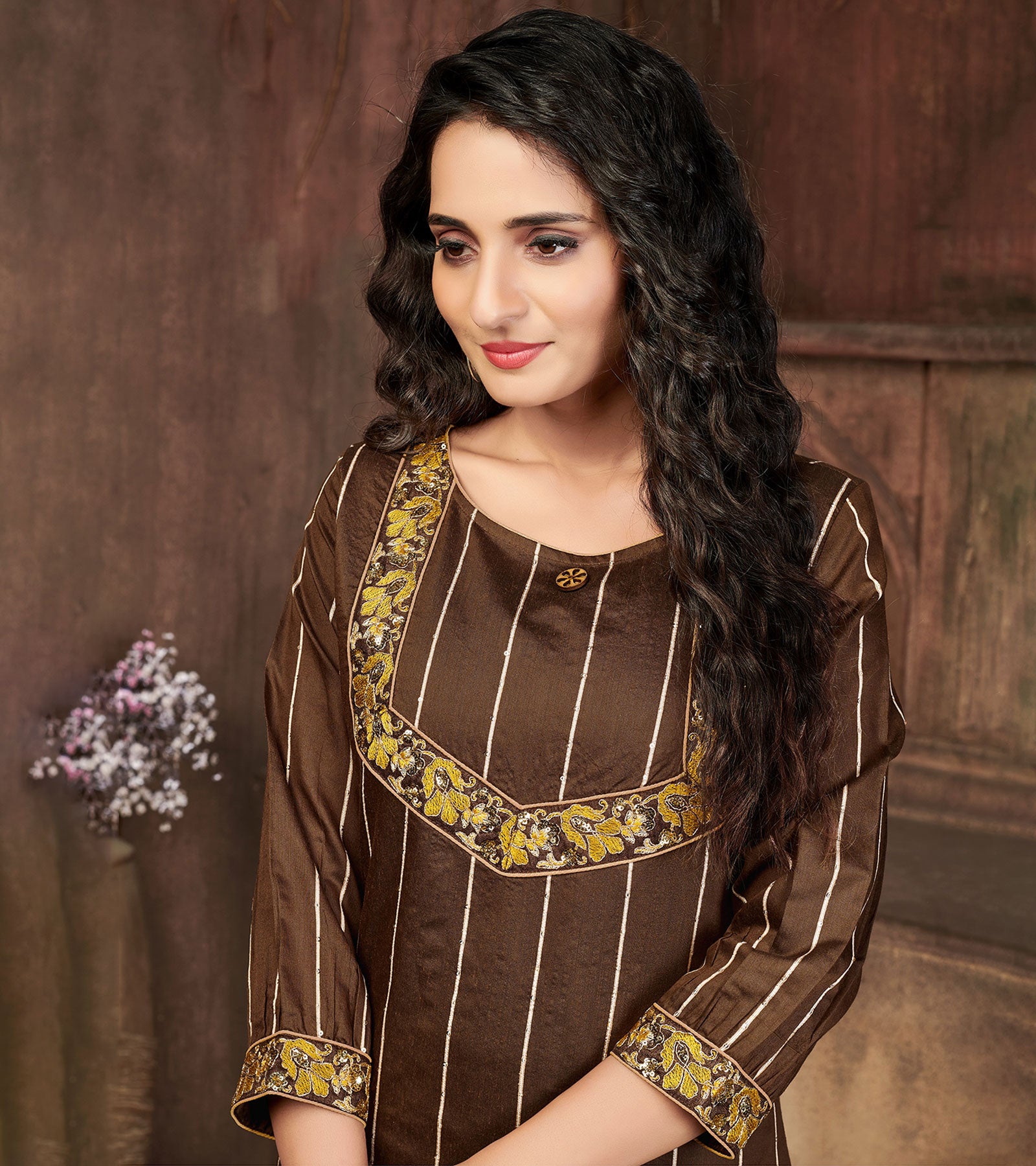 Laxmipati Chanderi Cotton Bright Brown Straight Cut Kurti With Mask