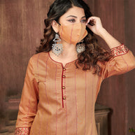 Laxmipati Chanderi Cotton Saddlle Beidge Straight Cut Kurti With Mask