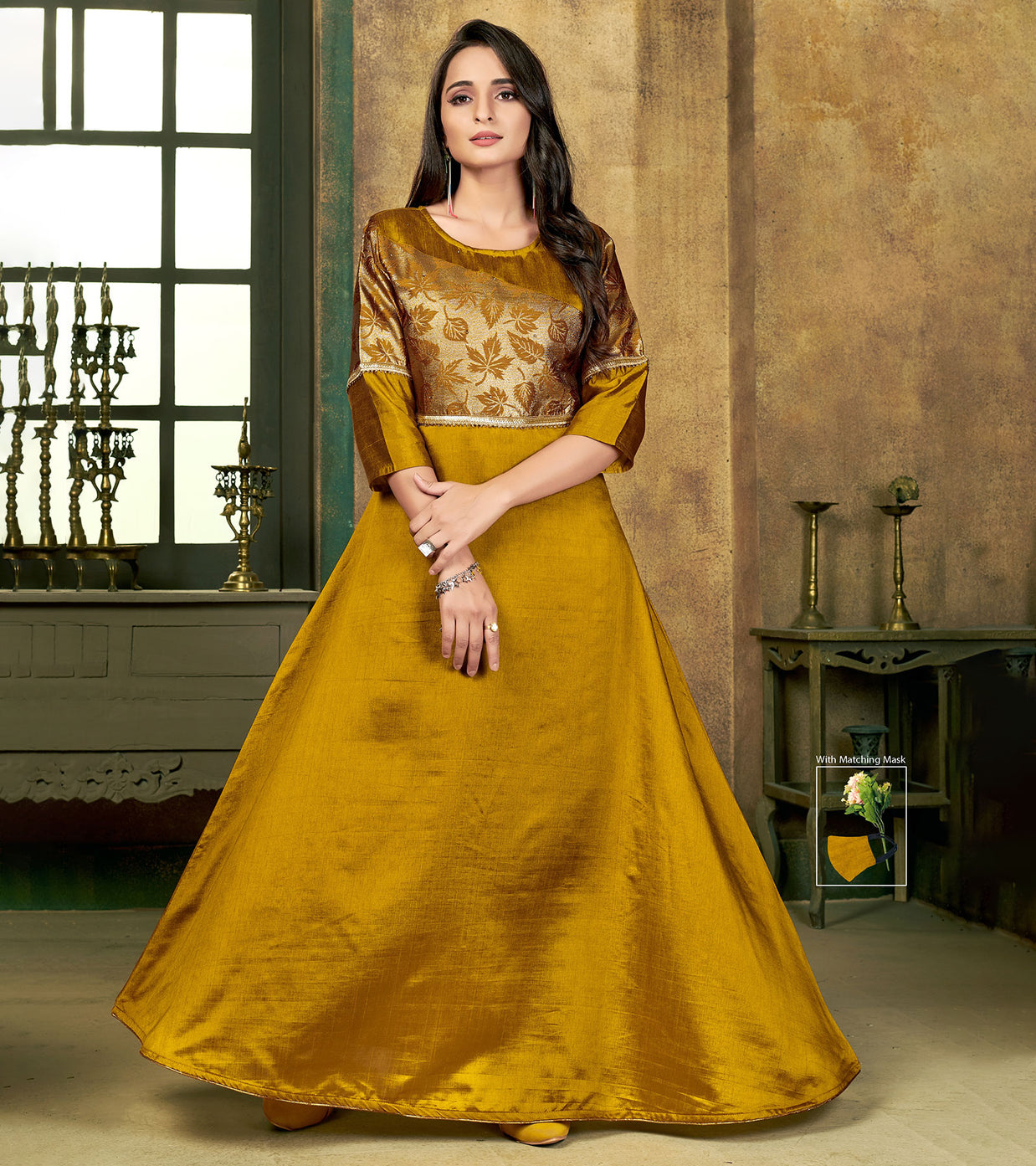 Laxmipati Sunny Silk With Brocade Festival Golden Flared Gown With Mask