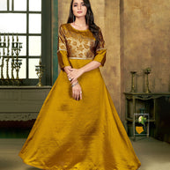 Laxmipati Sunny Silk With Brocade Festival Golden Flared Gown With Mask
