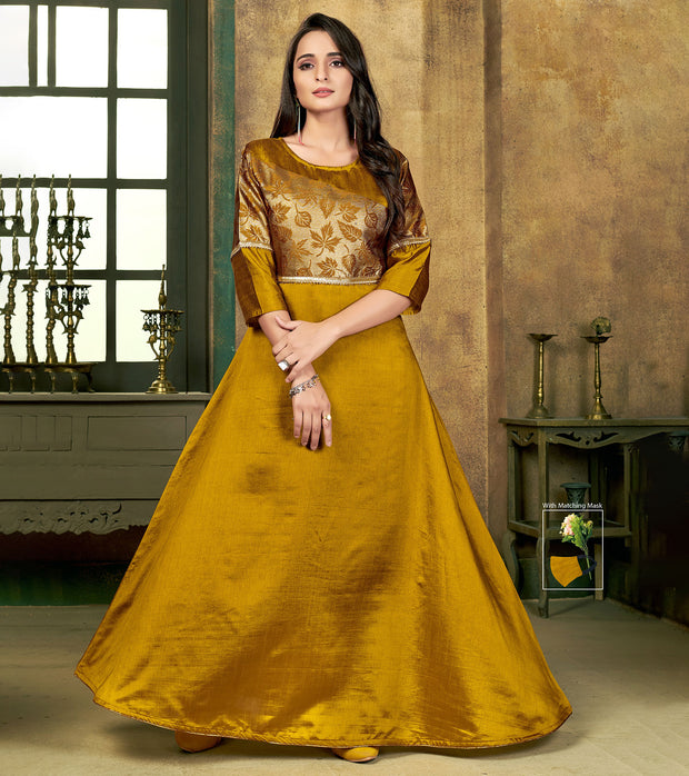 Laxmipati Sunny Silk With Brocade Festival Golden Flared Gown With Mask