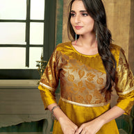Laxmipati Sunny Silk With Brocade Festival Golden Flared Gown With Mask