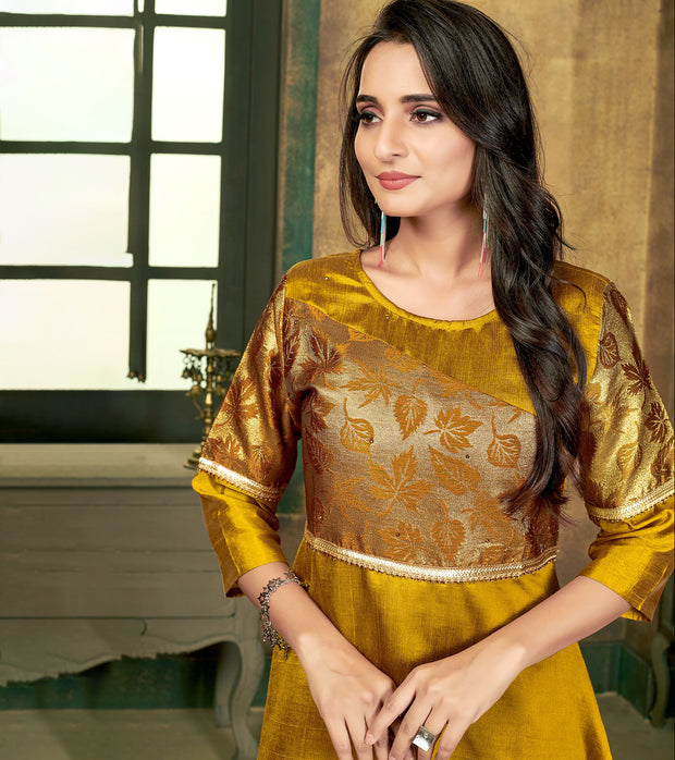 Laxmipati Sunny Silk With Brocade Festival Golden Flared Gown With Mask