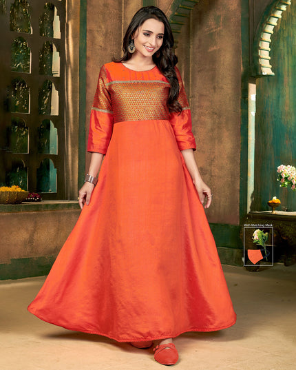 Laxmipati Sunny Silk With Brocade Flame Orange Flared Gown With Mask