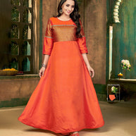 Laxmipati Sunny Silk With Brocade Flame Orange Flared Gown With Mask