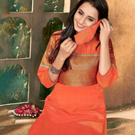 Laxmipati Sunny Silk With Brocade Flame Orange Flared Gown With Mask