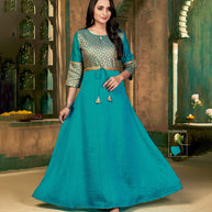 Laxmipati Sunny Silk With Brocade Rama Blue Flared Gown With Mask